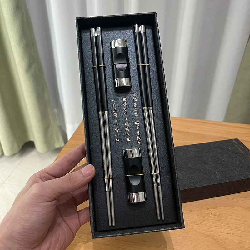 Coffret Baguettes en Acier Inoxydable - Style Bambou