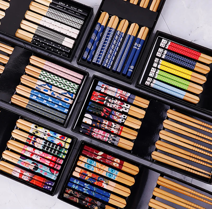 Lot de 5 Paires de Baguettes Japonaises en Bambou et Bois