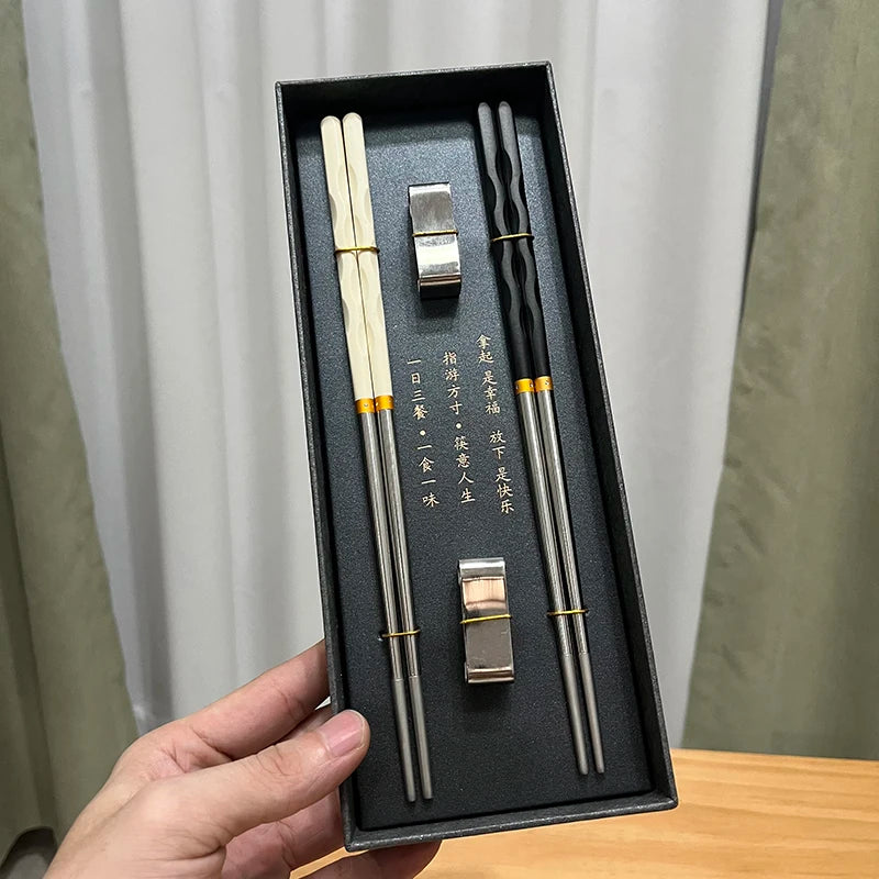 Coffret Baguettes en Acier Inoxydable - Style Bambou