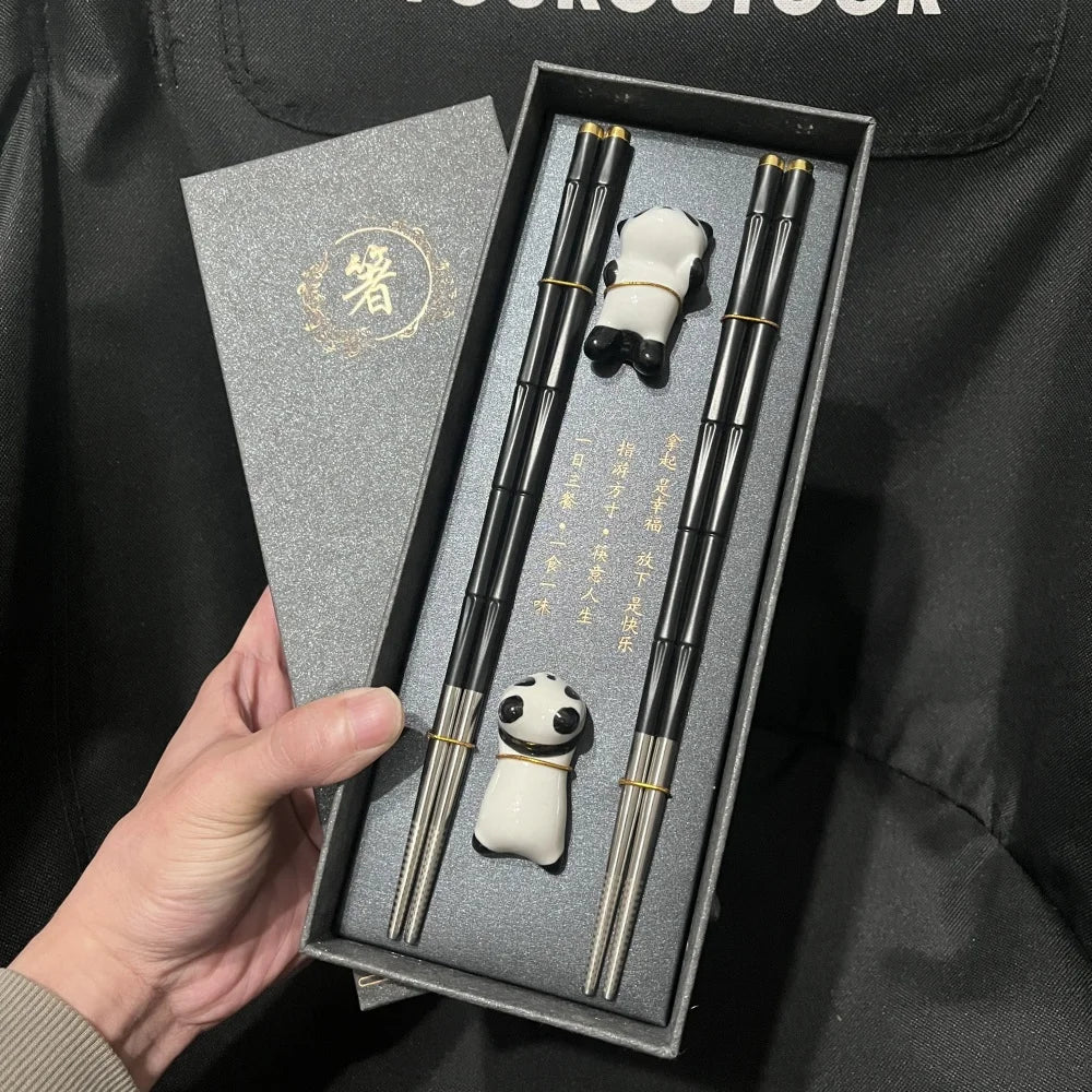 Coffret Baguettes en Acier Inoxydable - Style Bambou