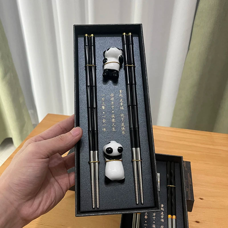 Coffret Baguettes en Acier Inoxydable - Style Bambou